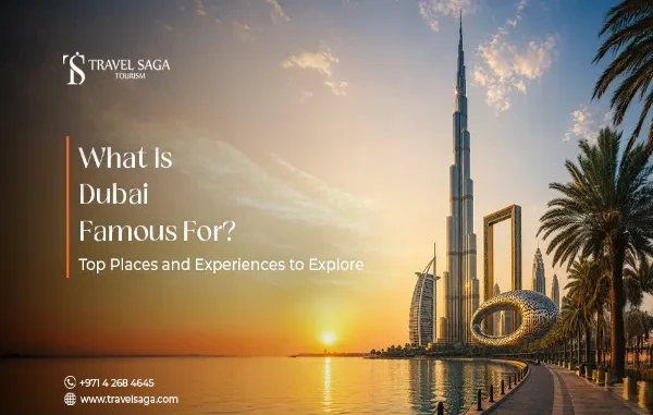 Digital artwork showing famous Dubai landmarks like the Burj Khalifa, Museum of the Future, Dubai Frame, and Burj Al Arab along a waterfront at sunset.