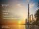 Digital artwork showing famous Dubai landmarks like the Burj Khalifa, Museum of the Future, Dubai Frame, and Burj Al Arab along a waterfront at sunset.