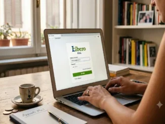 A realistic photograph of a woman sitting at a rustic wooden desk, viewed from behind her right shoulder, typing on a laptop which displays the Libero Mail login screen with a green 'Accedi' button. An espresso cup and notebook are on the desk.
