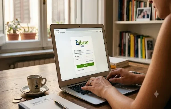 A realistic photograph of a woman sitting at a rustic wooden desk, viewed from behind her right shoulder, typing on a laptop which displays the Libero Mail login screen with a green 'Accedi' button. An espresso cup and notebook are on the desk.