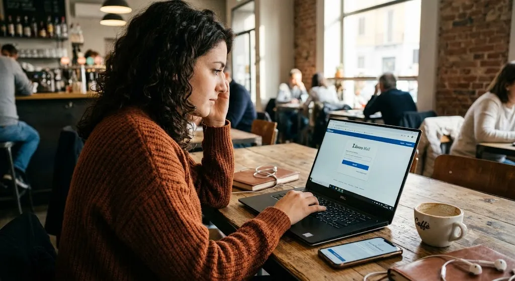 A candid, documentary-style photograph from a slightly over-the-shoulder angle captures a focused Italian woman with curly hair logging into her Libero Mail account in a bustling Milan cafe. Natural light illuminates the modern wooden desk where she types on her laptop. The screen shows the Libero Mail login page with the blue "Accedi" (Sign In) button prominent. Her smartphone displaying the "Secure Password" code, a half-empty coffee mug, and a minimalist notebook complete the scene. Photorealistic with shallow depth of field.