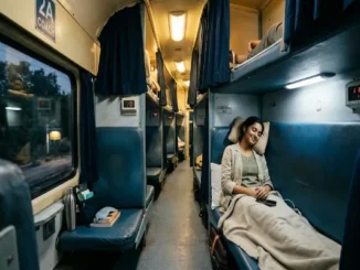 A candid photograph from inside an Indian Railways Second Class AC (2A) sleeper coach at night, focusing on a woman resting comfortably on a lower berth with a blanket, travel pillow, and noise-canceling earbuds. The window shows a blurred night scene outside.