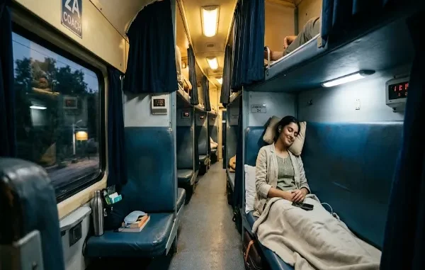 A candid photograph from inside an Indian Railways Second Class AC (2A) sleeper coach at night, focusing on a woman resting comfortably on a lower berth with a blanket, travel pillow, and noise-canceling earbuds. The window shows a blurred night scene outside.