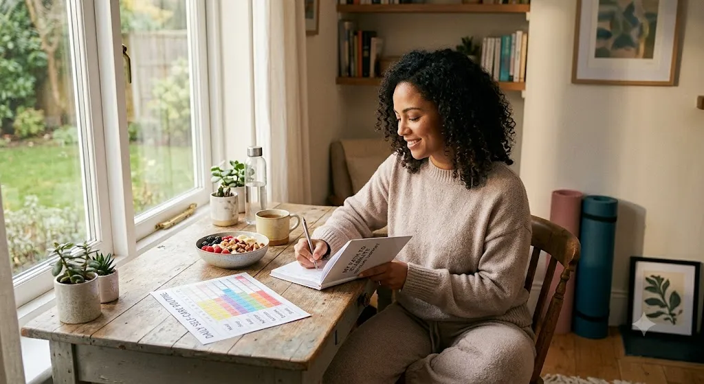 A woman with curly hair smiles while writing in a journal and reviewing a "DAILY SELF-CARE ROUTINE" tracker chart at a desk. On the desk are a fruit bowl, water, and plants. Yoga mats are visible in the background, illustrating a holistic approach to managing bipolar disorder through healthy habits.