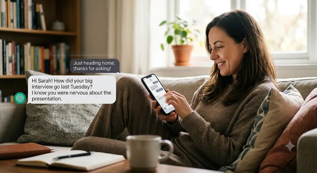 A realistic, candid photograph of a woman smiling as she sits on a living room sofa, typing on her smartphone. Hovering to the left of her are clean, digital chat bubbles that illustrate a continuous AI conversation. The AI's bubble reads, "Hi Sarah! How did your big interview go last Tuesday? I know you were nervous about the presentation," showcasing the chatbot's ability to remember past personal details. In the foreground, a wooden coffee table holds a mug and an open notebook, creating a warm, cozy home environment.