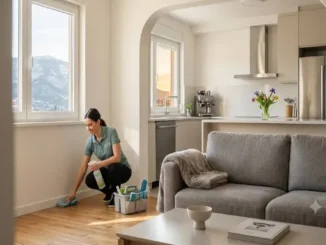 A smiling female professional cleaner in a green polo shirt and black pants crouches to clean baseboards with a cloth and spray bottle. She is in a bright, modern open-plan living room with a sofa and coffee table, with a kitchen featuring stainless steel appliances visible through an archway. A snowy mountain is seen through a large window.