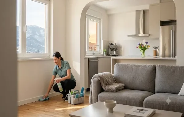 A smiling female professional cleaner in a green polo shirt and black pants crouches to clean baseboards with a cloth and spray bottle. She is in a bright, modern open-plan living room with a sofa and coffee table, with a kitchen featuring stainless steel appliances visible through an archway. A snowy mountain is seen through a large window.