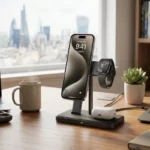 A modern 3-in-1 wireless charging station on a wooden desk charging an iPhone, Apple Watch, and AirPods simultaneously in a bright office space.