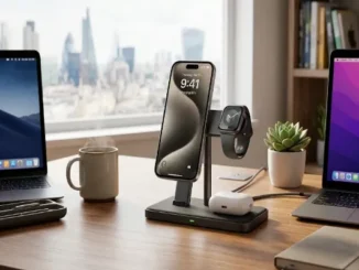A modern 3-in-1 wireless charging station on a wooden desk charging an iPhone, Apple Watch, and AirPods simultaneously in a bright office space.