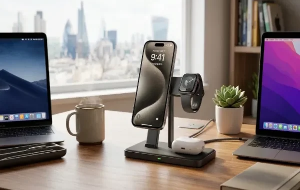 A modern 3-in-1 wireless charging station on a wooden desk charging an iPhone, Apple Watch, and AirPods simultaneously in a bright office space.