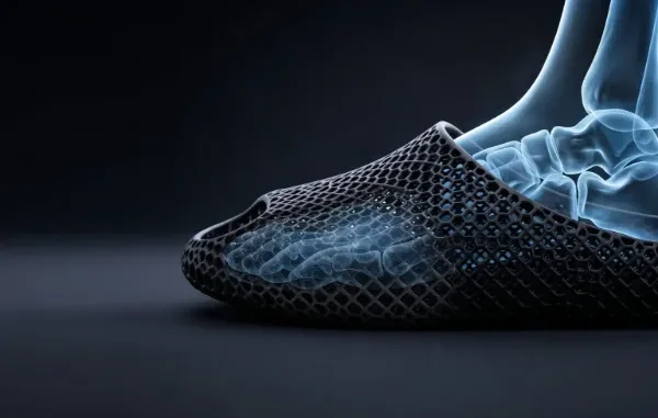 X-ray visualization of a human foot inside a 3D-printed lattice shoe designed to relieve foot pain.