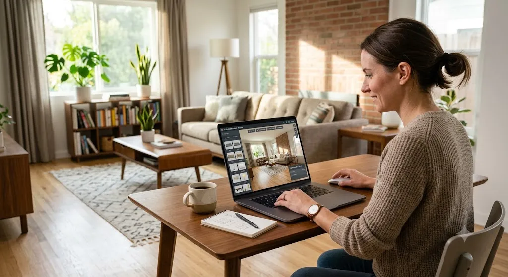 A person at a desk working on a laptop displaying a 3D interior design software interface, with a modern bright living room visible in the background.