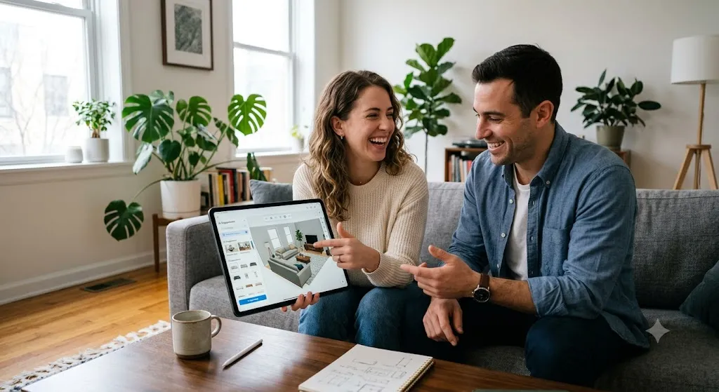 A smiling couple sitting on a living room sofa, holding a tablet displaying a realistic 3D interior design room layout for home planning.