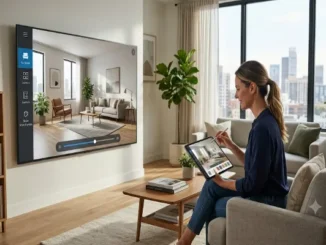 A woman sitting in a bright, modern living room using a digital tablet to interact with an AI 3D room design interface displayed on a large screen wall mount.