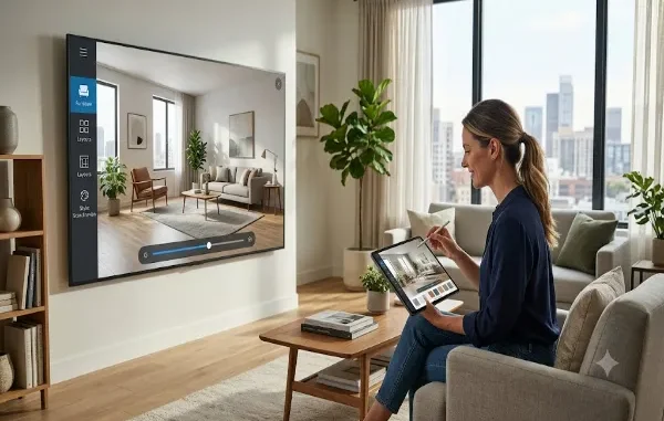 A woman sitting in a bright, modern living room using a digital tablet to interact with an AI 3D room design interface displayed on a large screen wall mount.