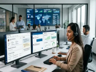 A customer service agent wearing a headset sits at a dual-monitor desk displaying integrated CRM customer history, AI assistant prompts, and real-time support analytics in a modern corporate contact center.
