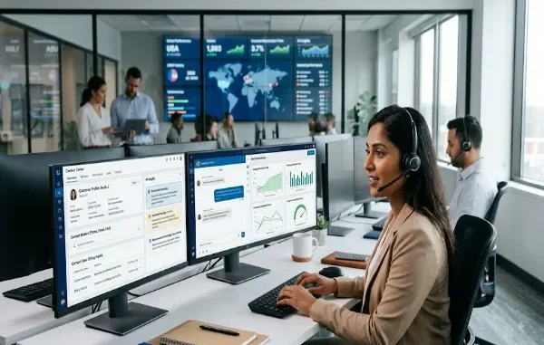 A customer service agent wearing a headset sits at a dual-monitor desk displaying integrated CRM customer history, AI assistant prompts, and real-time support analytics in a modern corporate contact center.