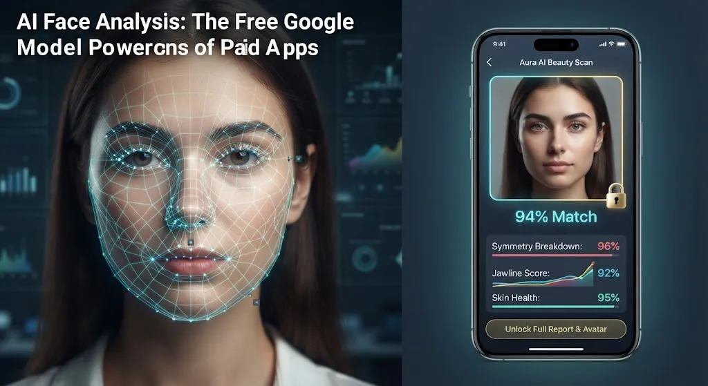 Split-screen tech article graphic. The left side shows a realistic woman's face overlaid with a cyan digital mesh of 478 3D landmarks and data readouts. The right side shows a smartphone screen displaying a paid beauty-scoring app interface with a "94% Match" score, a symmetry breakdown, and a gold padlock icon.