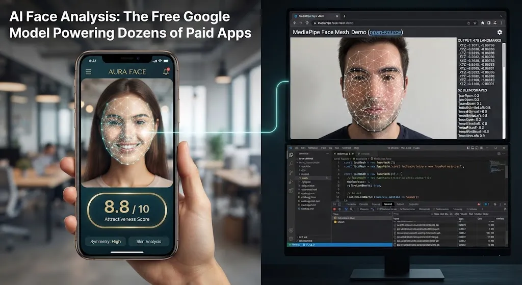A split-screen editorial image for an article about AI face analysis. On the left, a hand holds a smartphone displaying a paid mobile app with an "Aura Face" interface showing a face mesh overlay and an attractiveness score of 8.8 out of 10. On the right, a desktop monitor displays Google's MediaPipe Face Mesh open-source browser demo and developer code showing the signature 478 landmark and 52 blendshape metrics.