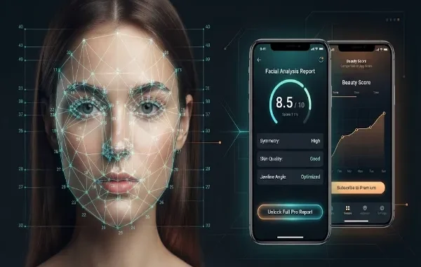 A split-screen composite image. On the left, a woman's face is rendered with a dense, glowing green 3D wireframe mesh and numbered tracking points, representing an AI landmark model. On the right, two smartphone screens display a commercial "Facial Analysis Report," showing an "8.5/10" score and a "Subscribe to Premium" button, illustrating how the free model is monetized.