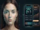 A split-screen composite image. On the left, a woman's face is rendered with a dense, glowing green 3D wireframe mesh and numbered tracking points, representing an AI landmark model. On the right, two smartphone screens display a commercial "Facial Analysis Report," showing an "8.5/10" score and a "Subscribe to Premium" button, illustrating how the free model is monetized.