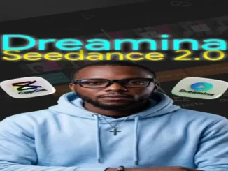 A man wearing glasses and a light blue hoodie standing in front of a video editor timeline, flanked by the CapCut and Dreamina app icons under glowing text that reads "Dreamina Seedance 2.0".