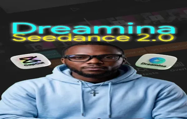 A man wearing glasses and a light blue hoodie standing in front of a video editor timeline, flanked by the CapCut and Dreamina app icons under glowing text that reads "Dreamina Seedance 2.0".