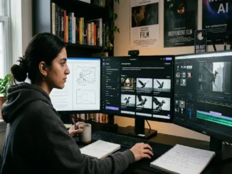 A creator sitting at a three-monitor desk setup editing an AI-generated video of a mechanical bird using prompt tools and video editing software.