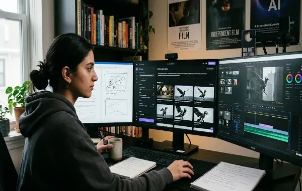 A creator sitting at a three-monitor desk setup editing an AI-generated video of a mechanical bird using prompt tools and video editing software.