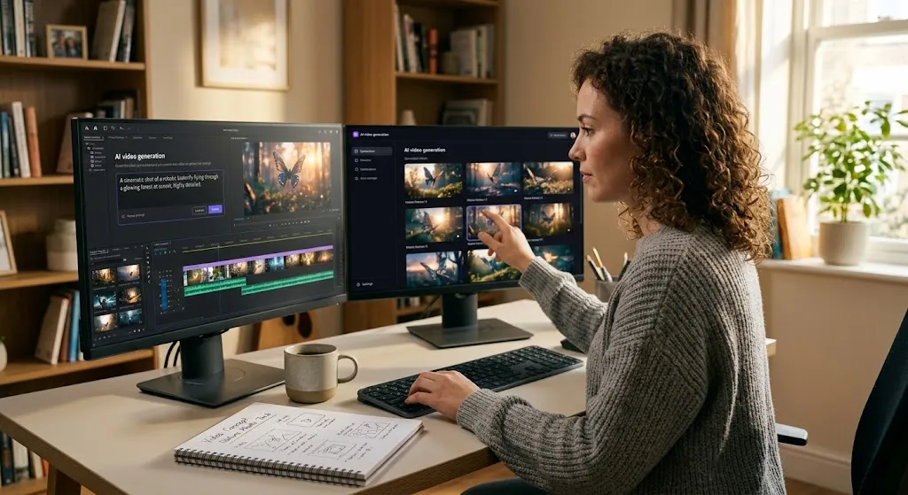 A video creator sitting at a desk with dual monitors, editing an AI-generated video showing a futuristic scene with a robotic creature, audio timelines, and storyboard sketches in a notepad.