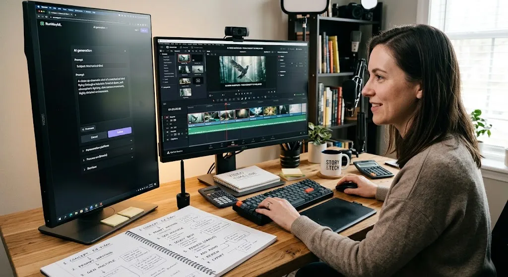 A creator at a wooden desk editing an AI video, with a vertical screen showing a prompt interface and a main monitor displaying video timeline software.