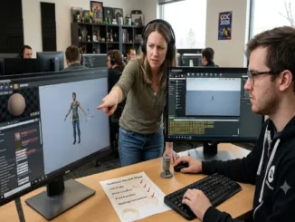 A game engineer and art director leaning over a dual-monitor workstation inspecting a 3D character asset in a game engine to resolve pivot point and naming convention issues.