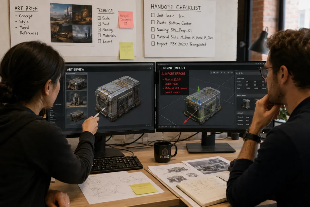 Game developer reviewing a 3D asset during an art and engineering handoff for outsourced game development production.