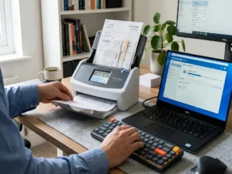 A person sitting at a desk using a ScanSnap document scanner to digitize a stack of paperwork, with a laptop screen displaying a "Scanning to PDF" progress bar.