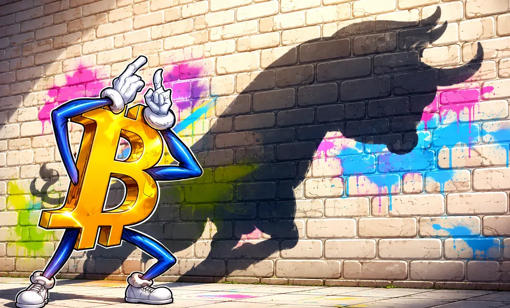 A vibrant cartoon illustration of a three-dimensional gold Bitcoin symbol with arms, legs, and white sneakers standing against a brick wall. The Bitcoin character strikes a pose, casting a large shadow that clearly resembles a charging bull, suggesting a strong market rally. Colorful paint splatters decorate the brick background.
