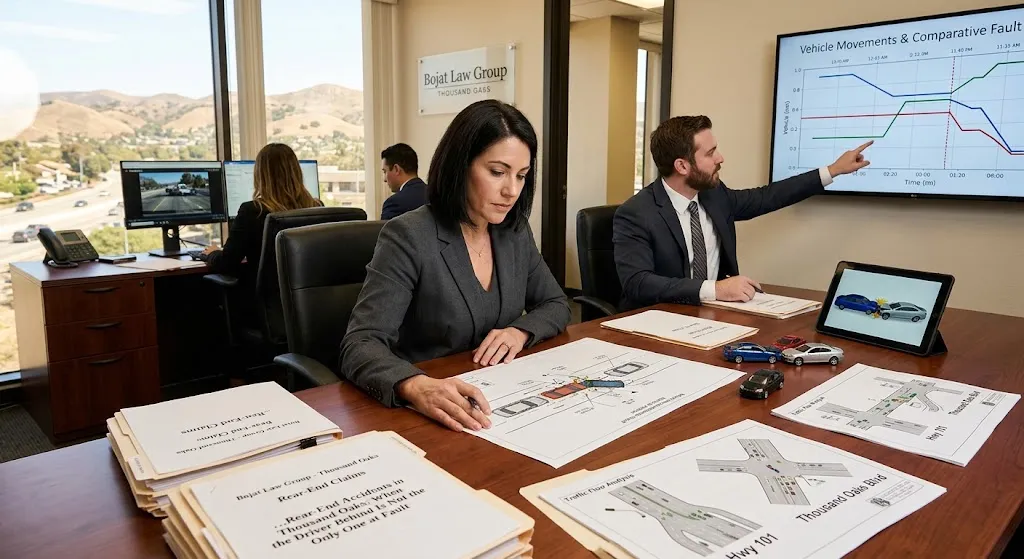 Attorneys at Bojat Law Group in Thousand Oaks reviewing vehicle collision diagrams, dashcam footage, and comparative fault data at a wooden conference table overlooked by scenic Southern California hills.