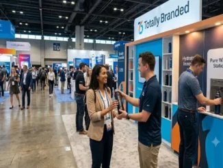 A booth representative handing a sleek matte black reusable water bottle to an attendee at a trade show event.