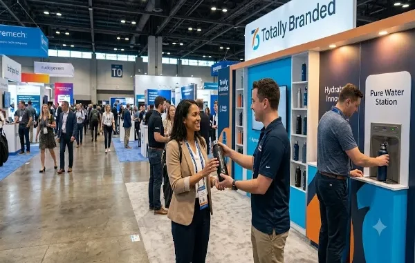 A booth representative handing a sleek matte black reusable water bottle to an attendee at a trade show event.