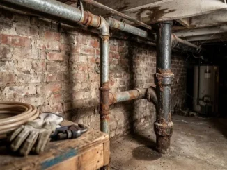 Exposed rusted cast-iron drain pipes and corroded galvanized steel water lines running along a historic brick wall in a Brooklyn basement.