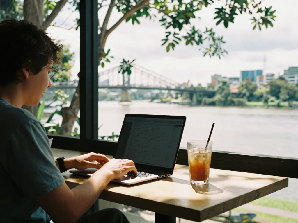 A remote worker using a laptop at a sunny cafe table by a window overlooking the Brisbane River and Story Bridge.