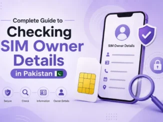3D illustration of a smartphone displaying SIM owner details with a SIM card, magnifying glass, and security shield against a purple background.