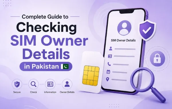 3D illustration of a smartphone displaying SIM owner details with a SIM card, magnifying glass, and security shield against a purple background.