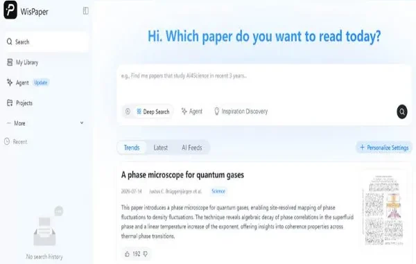 Screenshot of the WisPaper research interface showing trend discovery and deep search options for identifying long-term academic paper topics.