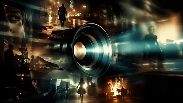 A dramatic cinematic collage featuring a large glowing camera lens surrounded by intense noir film scenes, including a lone silhouette on a rainy street, a burning fire, and dramatic character close-ups.