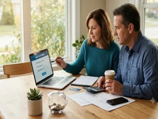 A couple sitting at a wooden dining table reviewing an online loan calculator on a laptop with budget documents, a calculator, and a piggy bank.