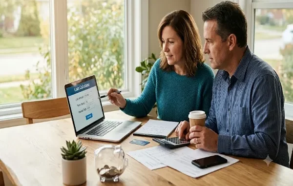 A couple sitting at a wooden dining table reviewing an online loan calculator on a laptop with budget documents, a calculator, and a piggy bank.