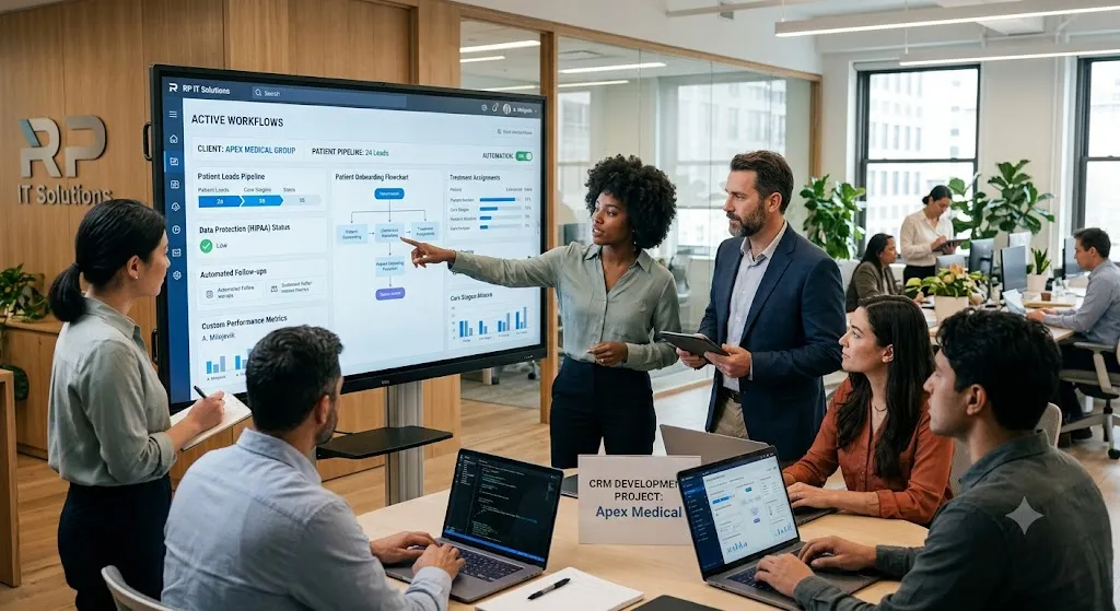 A diverse business team collaborating in a modern office, analyzing a custom CRM software dashboard displayed on a large interactive wall screen.