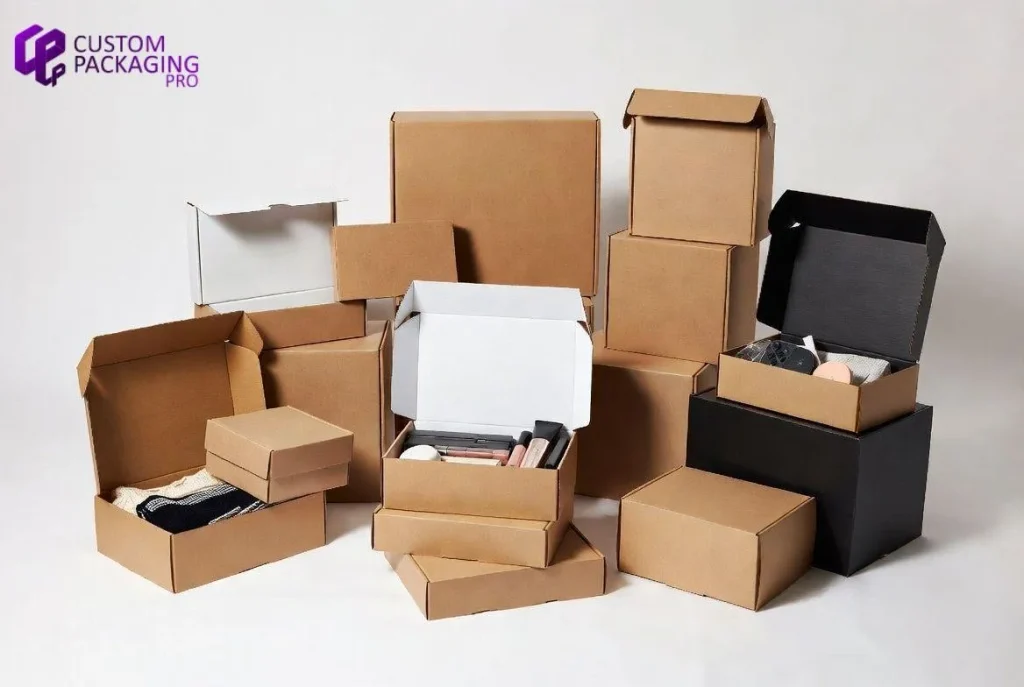 Assortment of custom kraft boxes and mailer packaging in various sizes displaying natural protection and sustainable branding solutions.