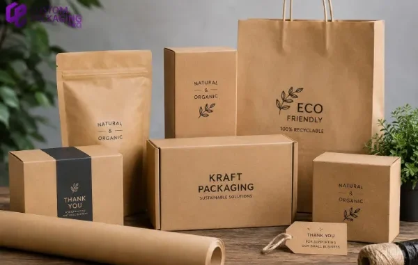 An assortment of custom kraft boxes, bags, and pouches featuring natural and organic branding labels on a wooden table.