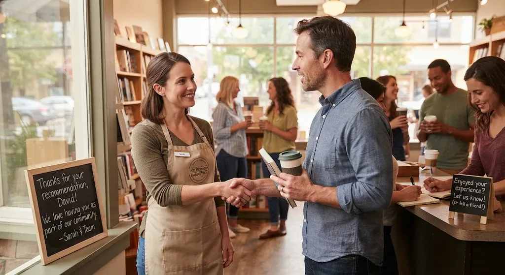 A friendly bookstore employee shaking hands and smiling with a customer holding a coffee cup, illustrating positive customer experience and long-term loyalty.